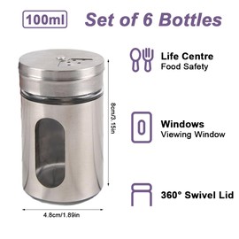 TESSTSY 6 Stück Gewürzstreuer Edelstahl, 100ml Gewürzdosen Edelstahl mit Sichtfenster, Gewürzgläser Rund mit Metall Streueinsatz für Salz, Pfeffer, Gewürze, Aufbewahrung, Küchen Organizer (Silber)