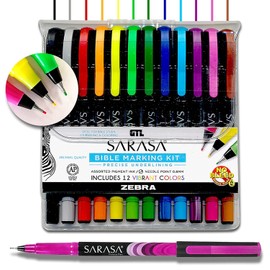 G.T. Luscombe Company, Inc. Zebra Sarasa Fineliner Bible Marking Kit | Archival Quality No Bleed Pigmented Ink | Multi-Color Needle Point Pens | Journaling, Coloring and Bible Study Pens (Set of 12)