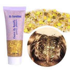 GL-Turelifes Chunky Glitter Gel Glitter Body Gel Festival Glitter Cosmetic Face Hair Nails Makeup Mermaid Sequins Liquid Eyeshadow Long Lasting Sparkling 50ml Easy to Apply, Easy to Remove (#02 Gold)