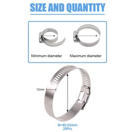 Glarks 20Pcs 304 Stainless Steel Adjustable 40-63MM Range Worm Gear Hose Clamps Assortment Kit, Fuel Line Clamp for Water Pipe, Plumbing, Automotive and Mechanical Application (40-63MM)