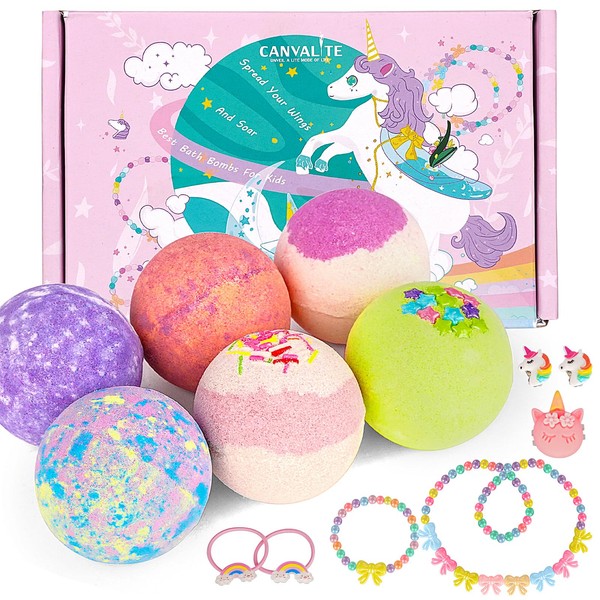 Canvalite Girls Bath Bombs with Surprise Inside 6 Pcs Unicorn Bath Bomb for Kids Skin Friendly Organic Natural Spa Fizzy Bubbles Bath with Jewelry Toy Inside Gift Set Fizz Balls