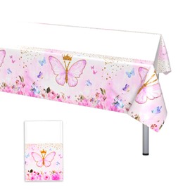 Butterfly Tablecloth, 108*180 cm Pink Butterflies Flowers Table Cloth, Rectangular PVC Plastic Thin Table Cover, Disposable Waterproof Party Decorations for Girls Butterfly Theme Birthday Anniversary