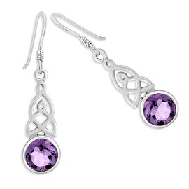 DTPSilver - Women's Hook Earrings 925 Sterling Silver - Celtic Trinity Knot - Celtic Collection - Various Natural Gemstones Available, Silver, Amethyst