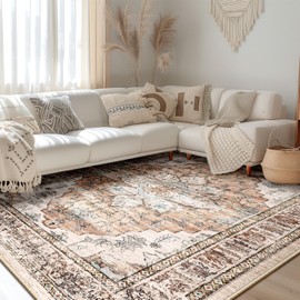 BESTSWEETIE Area Rug 9x12 Rugs for Living Room 9 x 12 Washable Rugs Non Slip Vintage Boho Living Room Rugs for Bedroom Dining Room, Distressed Floral Pattern Carpet, Orange Pink Brown Earth Tones