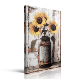 ZYNYZ Z Rustic Retro Farmhouse Flower Sunflower Canvas Wall Art, Yellow and Brown Floral Vintage Milk Can Print Painting, Country Kitchen Bathroom Home Decor Ready to Hang (12"x16")