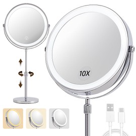1X/10X Magnifying Makeup Mirror with Lights - 9" Large Dual-Sided Vanity Mirror with 3 Color Lights for Women's Travel Cosmetic Mirror | 3000 mAh-USB Rechargeable | 360° Rotation | Adjustable Height
