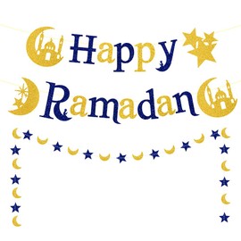 Ramadan Kareem Banner Glitter Happy Ramadan Words Stars Moon Banner, Eid Mubarak Decor Banner for Ramadan Kareem Party Decoration Anniversary Home Bedroom Front Door Room Hanging Decoration Supplies