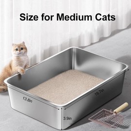 Stainless Steel Cat Litter Box, Medium Metal Litter Tray Pan Litterbox, 2-Pack Stainless Steel Litter Box for Big Cats, 19.7" Lx13.8 W x3.9 H, No Odor Absorption,Easy to Clean, Rustproof