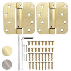 Houseables Self Closing Door Hinges, Mortise Spring Hinge, 5/8" Radius Corner, Brass Finish, 4” x 4”, 2 Pack, 2.7 MM, Automatic Closer, Adjustable, Tension Loaded, Auto Close Pin, Heavy Duty
