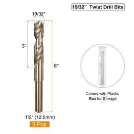 uxcell 3pcs 19/32" M35 Cobalt Twist Drill Bits, High-Speed Steel Jobber Drill Bit for Stainless Steel, Hardened Metal, Cast Iron, Aluminum, Copper, Soft Alloy Steel, Wood, Plastic