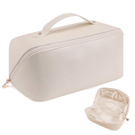 Make Up Bags for Women, Large Capacity Waterproof Cosmetic Bags Portable Lay Flat Travel Toiletry Bag with Compartments and Handle - Beige