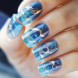 NGMATY Blue Gradient Medium Square Fake Nails Gold Foil Stripe Design Stick on Nails Acrylic Nails- Reusable Full Coverage Stick On Nails for Women Manicure (Ocean Blue Ombre)