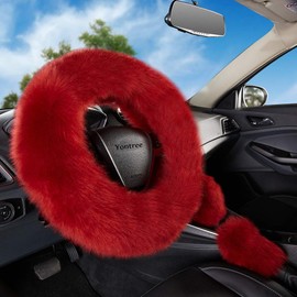 Yontree Fashion Fluffy Steering Wheel Covers for Women/Girls/Ladies Australia Pure Wool 15 Inch 1 Set 3 Pcs (Wine)