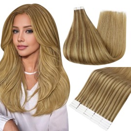 Full Shine Tape in Hair Extensions 22 Inch Color 10 Golden Brown and 16 Golden Blonde to 16 Blonde Ombre Double Sided Seamless Tape in Extensions Human Hair 50 Grams 20 PCS Add Length