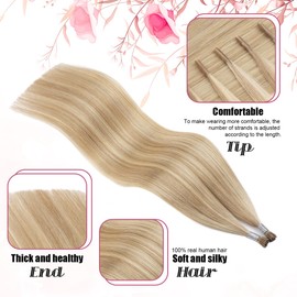 Kun Na I Tip Hair Extensions 60 Strands 45g/pack Pre Bonded Stick Tip Keratin Real Remy Human Hair Extension Ash Blonde Mix Bleached Blonde Straight 16 inch