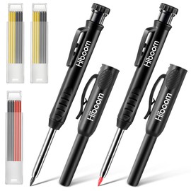 Hiboom 2 Pack Solid Carpenter Pencils with Pencil Cap and 18 Refills, Long Nose Deep Hole Mechanical Pencil Marker, Scribe Tool with Built-in Sharpener for Construction Woodworking Architect (Black)