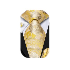 Dubulle Mens Yellow Paisley Striped Tie WOVEN Necktie for Men and Handkerchief Cufflinks Set Wedding Formal Business