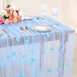 LuoluoHouse Tulle Baby Blue Tablecloth: 10ft Flower Pearl Table Runner Tulle Fabric for Birthday Baby Shower Wedding Sweetheart Table Decor