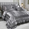 Grey Satin Comforter Set with Sheets,Silk Like Satin Ruffle Bed