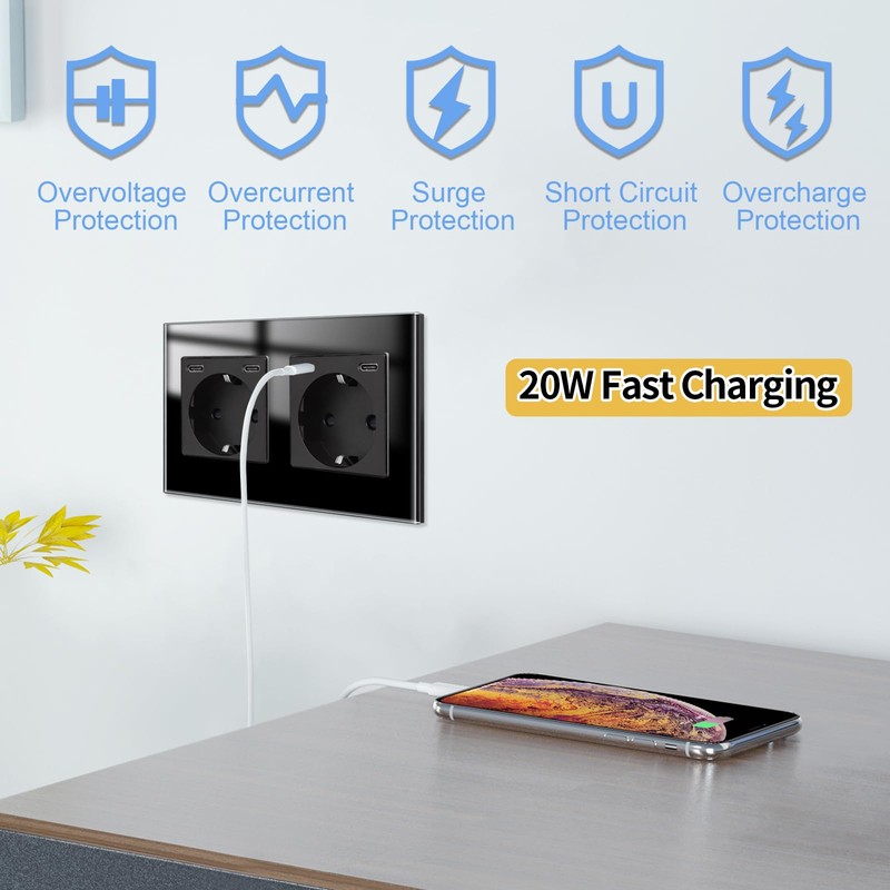 JIMEIDA Socket Black with USB C 20 W Double Fast