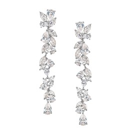 EVER FAITH Long Earrings with Cubic Zirconia for Women Party Bridal with Plated Crystal Flower Leaf Chandelier Earrings Clear Silver Tone, Sterling Silver