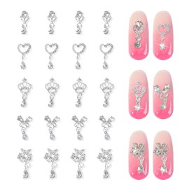 DANNEASY 20pcs Nail Gems and Charms 3D Silver Nail Charms for Nail Art Rhinestones Crystal Diamond Nail Piercing Charms Jewels Alloy Nail Studs Nail Art Decoration Accessories Supplies