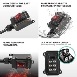 QTEATAK Inline Cord Switch DPST AC/DC 20A-125V,16A-250V,30A-24V,35A-12V, IP66 Waterproof On-Off-On with Red Light Buttons, One-Side Entry & Exit Line, Outdoor Electrical Start Stop Toggle Switch
