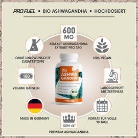 BIO Ashwagandha Capsules 180x with KSM-66 Organic Ashwagandha - 600 mg Ashwagandha Root Extract in Organic Quality - No Unwanted Additives - Laboratory Tested with Certificate - Supply for 3 Months