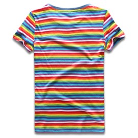 Rainbow T Shirt Women Striped Tee Crew Neck Short, Rainbow Striped, Size Small