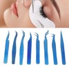 8pcs Eyelash Tweezers Stainless Steel Fine Tip Ergonomic Blue Titanium