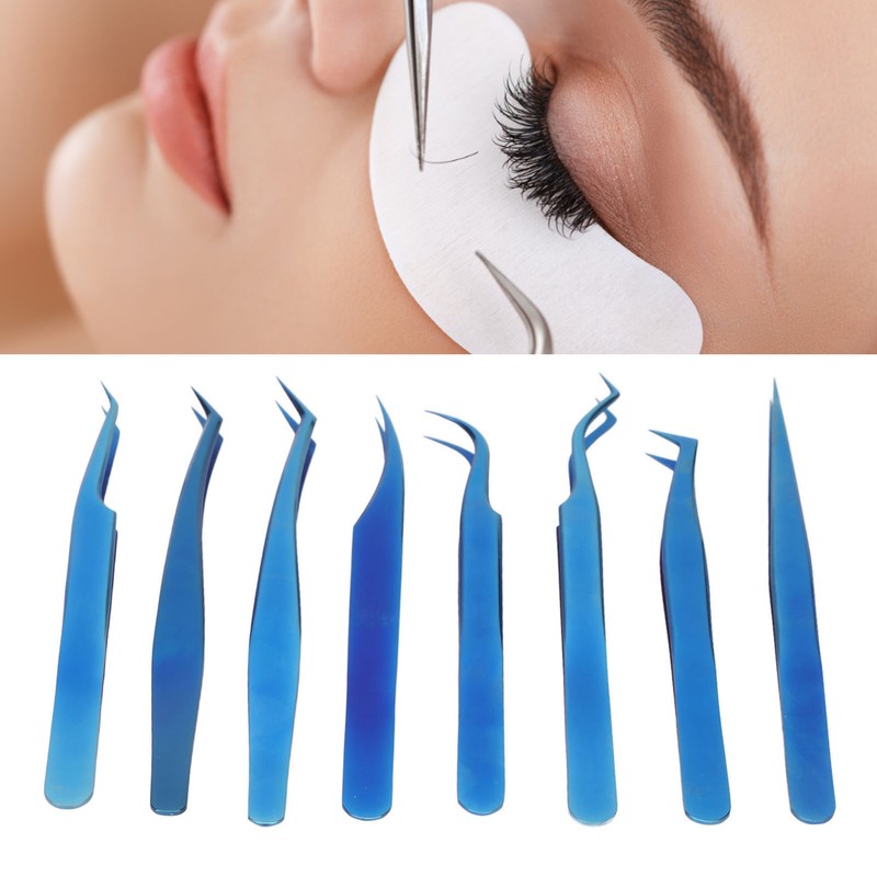 8pcs Eyelash Tweezers Stainless Steel Fine Tip Ergonomic Blue Titanium