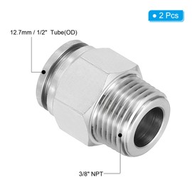 sourcing map Push to Connect Fitting, 2 Pcs 304 Stainless Steel PC Male Straight 1/2" Tube OD x 3/8" NPT Thread Push to Connect Tube Fitting Pneumatic Push Lock Fitting