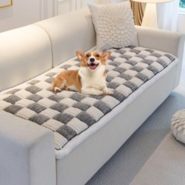 Fuzzy Cream-Coloured Large Plaid Square Pet Couch Cover, Anti-Slip Dog Bed Mat for 3 Cushion Sofa, Washable, Funny, Pet Friendly (27.6x59.06in, Grey)