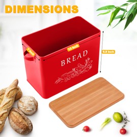 LIANYU Red Bread Box with Bamboo Lid for Kitchen Countertop, Large Farmhouse Metal Bread Storage Container Organizer, Vintage Bin Keeper for Counter 13x7x9.8 Inch