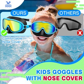XDX Kids Swim Goggles with Nose Cover, 2 Pack Wide View Diving Mask Anti-Fog UV No Leak Swimming Goggles for Kids 3-14