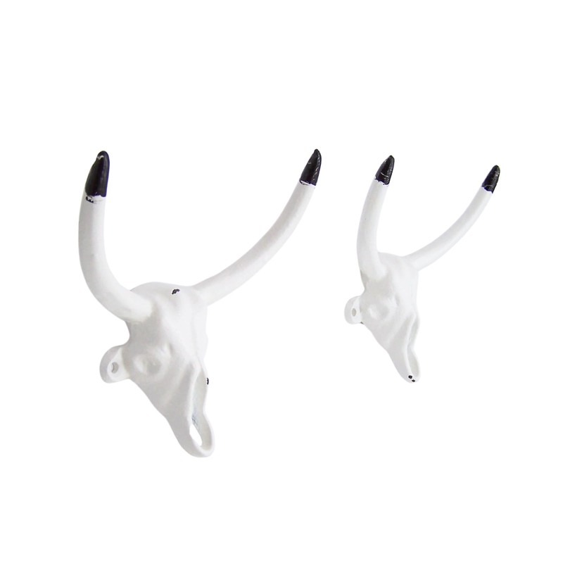 Decorative Cast Iron Bull Horns Wall Decor, 6 Inch, White,