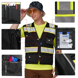 A-SAFETY Black High Vis Reflective Safety Vests for Men Women large High Visibility Vest with Pockets Mesh Fabric Construction Safety Apparel Neon Vest for Work