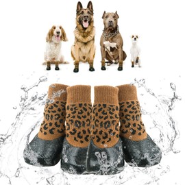 Hjumarayan Pack of 4 Dog Socks Waterproof Non-Slip Dog Shoes Paw Protection Dog Shoes Indoor Outdoor Non-Slip Stopper Socks for Dogs Puppies Leopard Print (3#)