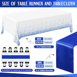Breling 8 Pack Royal Blue Disposable Plastic Tablecloths and Satin Table Runner Set, 54 x 108 Inch Tablecloth, 12 x 108 Inch Table Runners for Wedding Graduation Birthday Baby Shower New Year