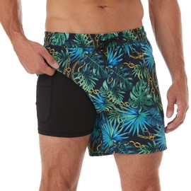 BRISIRA - Traje de baño para hombre, secado rápido, 5 pulgadas, con entrepierna elástica, con forro de compresión, bolsillo con cierre, Blackgreentropical, 40
