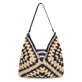 COOLOGIN Straw Hobo Bags for Women,Large Woven Tote Bag Summer Crochet Shoulder Bag,Vintage Beach Bag Foldable Handbag for Vacation (Blue)