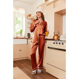 Ekouaer Women's Classic Button Down Long Satin Silk Pajama Set,X-Large,Caramel