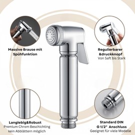 Soho Design Toilet / Bidet Hand Shower Complete Set Chrome, Solid Taharat, Brass Bidet Hand Shower for Bidet Fittings Toilet, Hand Shower Bathroom Bidet with G1/2 Inch Valve, 120 cm Flexible Hose,