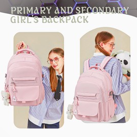 PRLINJSK Girls Backpack for College High Middle School Student, Cute Aesthetic Bookbag for Teens Women with Accessories,Pink