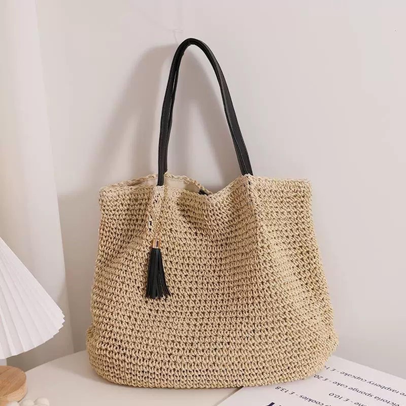 WISHOW Women's Straw Bag, Tote Bag, Shoulder Bag, With Tassels,
