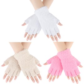 Geyoga 3 Pairs Half Finger Gloves Mink Fleece Fingerless Winter Women Knitted Mittens