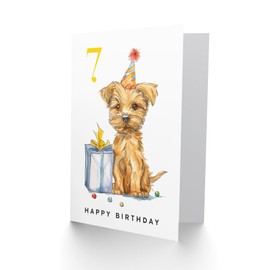 Artery8 7th Birthday Card Cute Terrier Dog Puppy Party Hat Kids Age 7 Year Old Child For Son Daughter Girl Boy Happy Card
