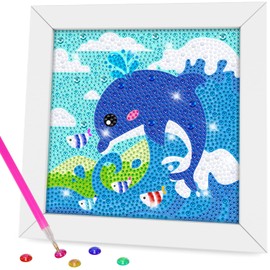 QEUOYSS Diamond Art Kit for Kids with Wooden Frame Art and Crafts for Kids Ages 6-8 -10-12 Easy to DIY Diamond Art for Kids and Adult Beginners Home Wall Decoration (Dolphin)