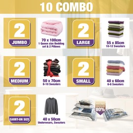 HIBAG Vacuum Storage Bags, 10-Pack Vacuum Seal Bags for Clothing Clothes, Space Saver Bags (2 Jumbo, 2 Large, 2 Medium, 2 Small, 2 Roll-up) with Pump (10-Combo)