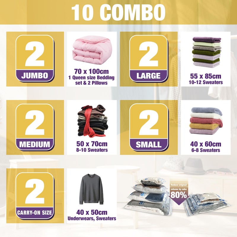 HIBAG Vacuum Storage Bags, 10-Pack Vacuum Seal Bags for Clothing